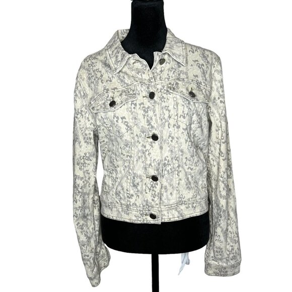 Free People Grey Cream Camo Denim Jean Jacket Fitted Cropped Size Small - Picture 1 of 8